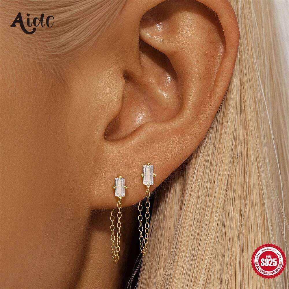 Aide S925 Silver Long Tassel Chain Zircon Stud For Women Piercing Dangle Earring Pendant Wedding Bride Jewel Gift Aretes