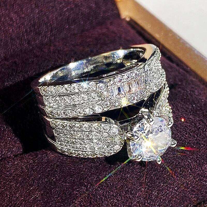 Huitan Luxury 2PC Bridal Ring Sets Brilliant Round Zirconia Finger Jewelry for Wedding Party Gorgeous Silver Color Accessories