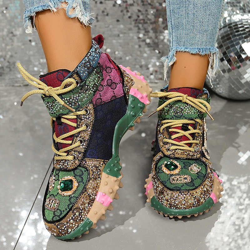 Women's Fashion Shoes Rhinestones Diamonds Embellished Luxury Shoes Rhinestones Designer Sneakers Thick Bottom Non Slip Running Shoes Zapatillas 