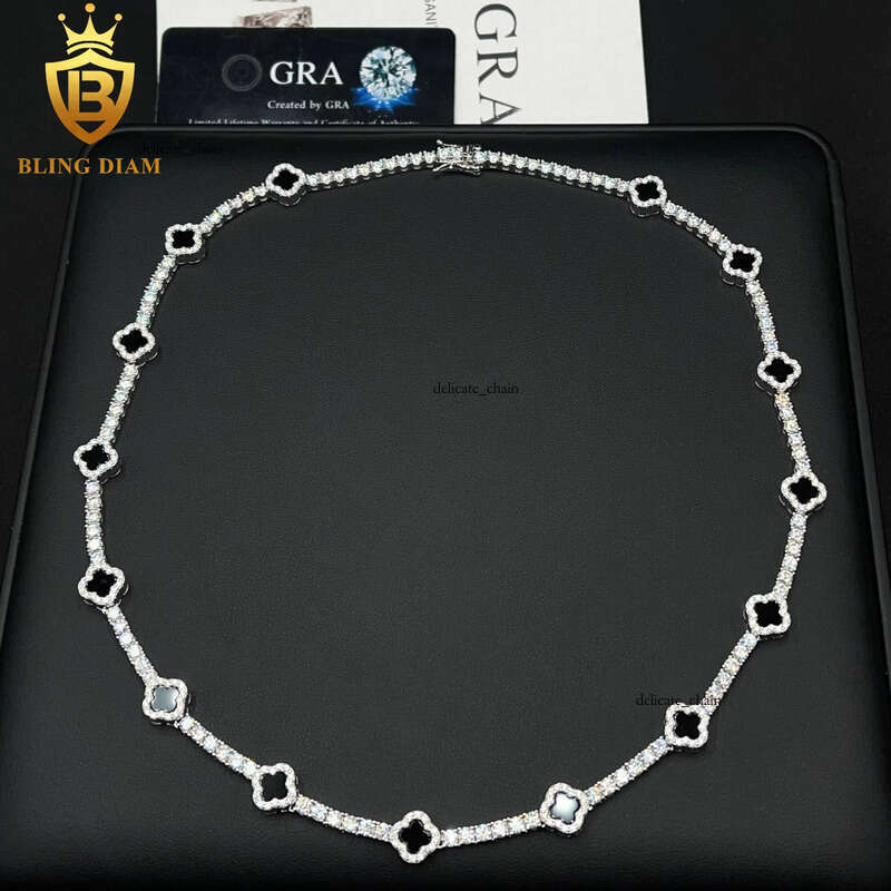 VVS Moissanite Little Black Clover 3mm New Design 925 Silver VVS Silicon Stone Tester Tennis Bracelet Necklace