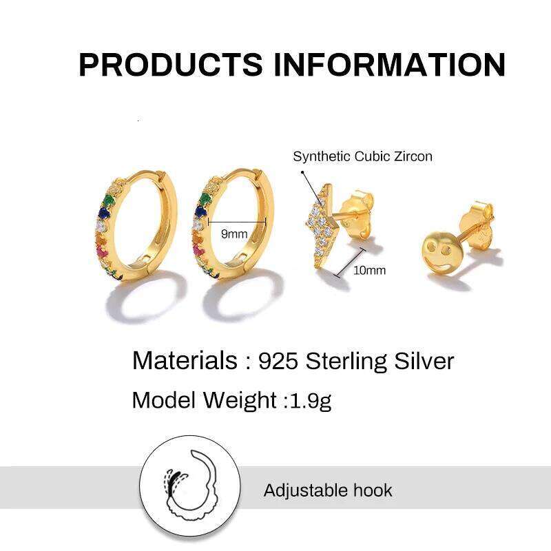 Aide 925 Sterling Silver Stud Set For Women Rainbow Zircon Moon Star Lightning Piercing Earrings Cute Dinosaur Jewelry