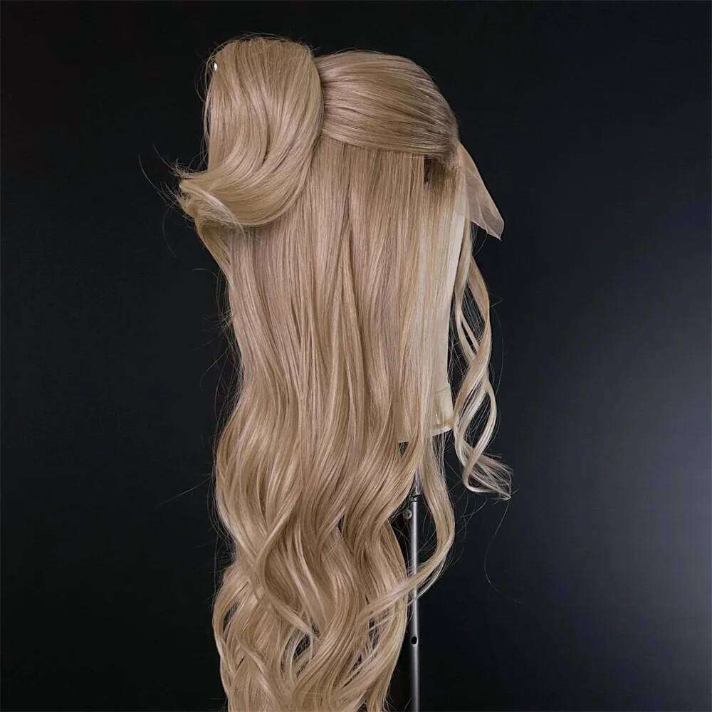 Blonde Balayage Front Free Part HD Lace Wig Realistic Look Dark Brown Roots Natural Wavy Synthetic Heat Resistant Fiber