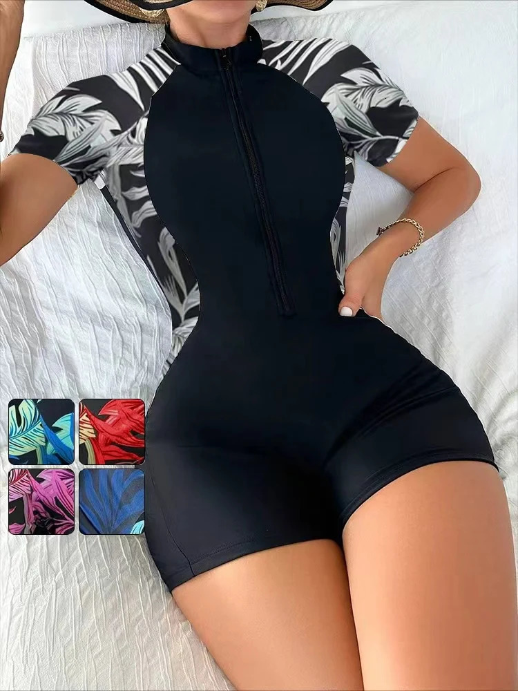 One Piece Floral Swimwear Swim Suit Women Short Sleeve Swimsuit Zip Front Tropical Plant Surfing Sun ProtectionNo builtin bra 251231