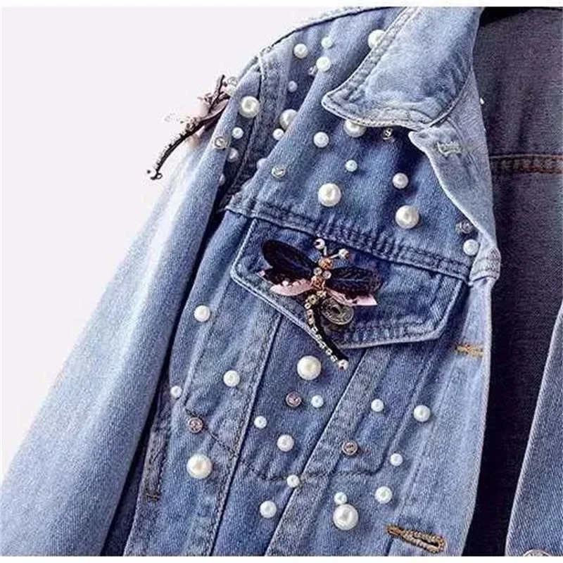 Autumn Ladies Short Beading Denim Jacket Retro Women Long Sleeves Outwear Femme Fashion Cowboy Tops Coat 251231