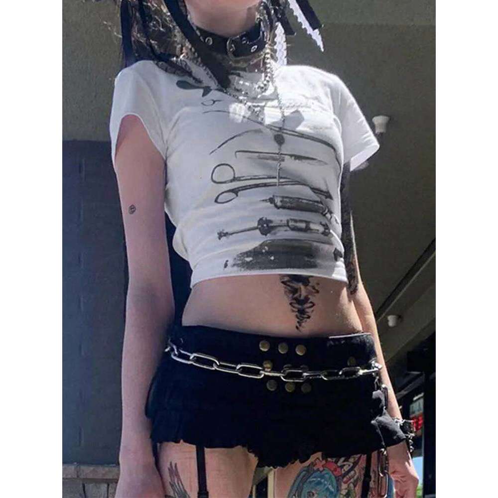 Dark Printed Cropped T Shiirt Gothic Casual Slim O-Neck Short Sleeve Tees Women 2024 Summer Fashion Streetwear Ladies