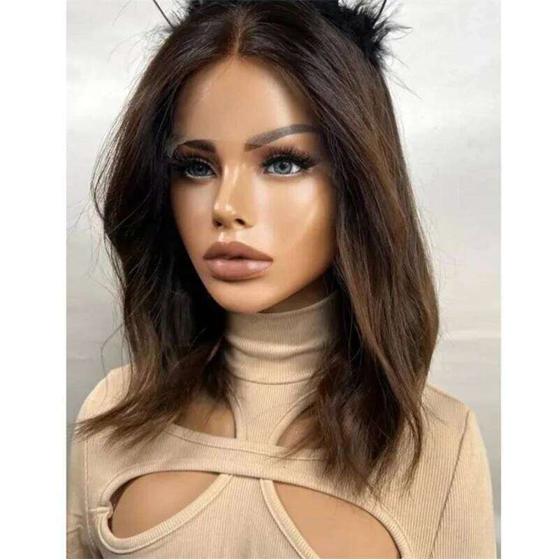 Ombre Brown Blonde Front 13x4 HD Synthetic Woman Wig Natural Wave Cosplay Daily WEar High Quality Short Bob Lace Wigs