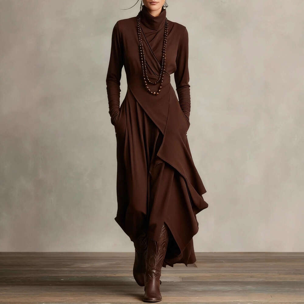 2026 European Size Women's Clothing Autumn Solid Color Sleeve Cross High Neck Long Dress