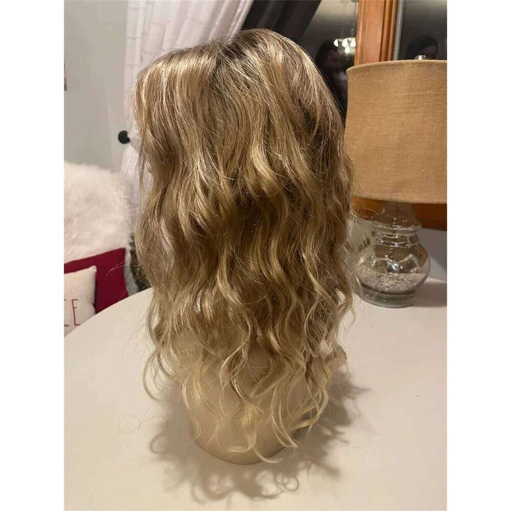 Rooted Futura Fibre Premium Medium Light Blonde Highlighted Heat Friendly Curly Wave Shoulder Length Glueless Wig