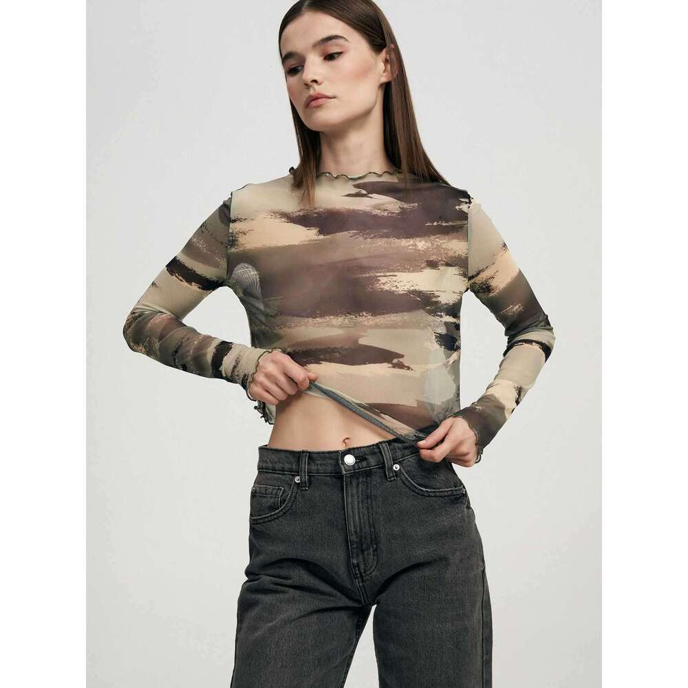 S32280 European and American Cross-Border New Women's Sexy Leopard Print Mesh Printed Tight-Fitting T-Shirt Top for Women