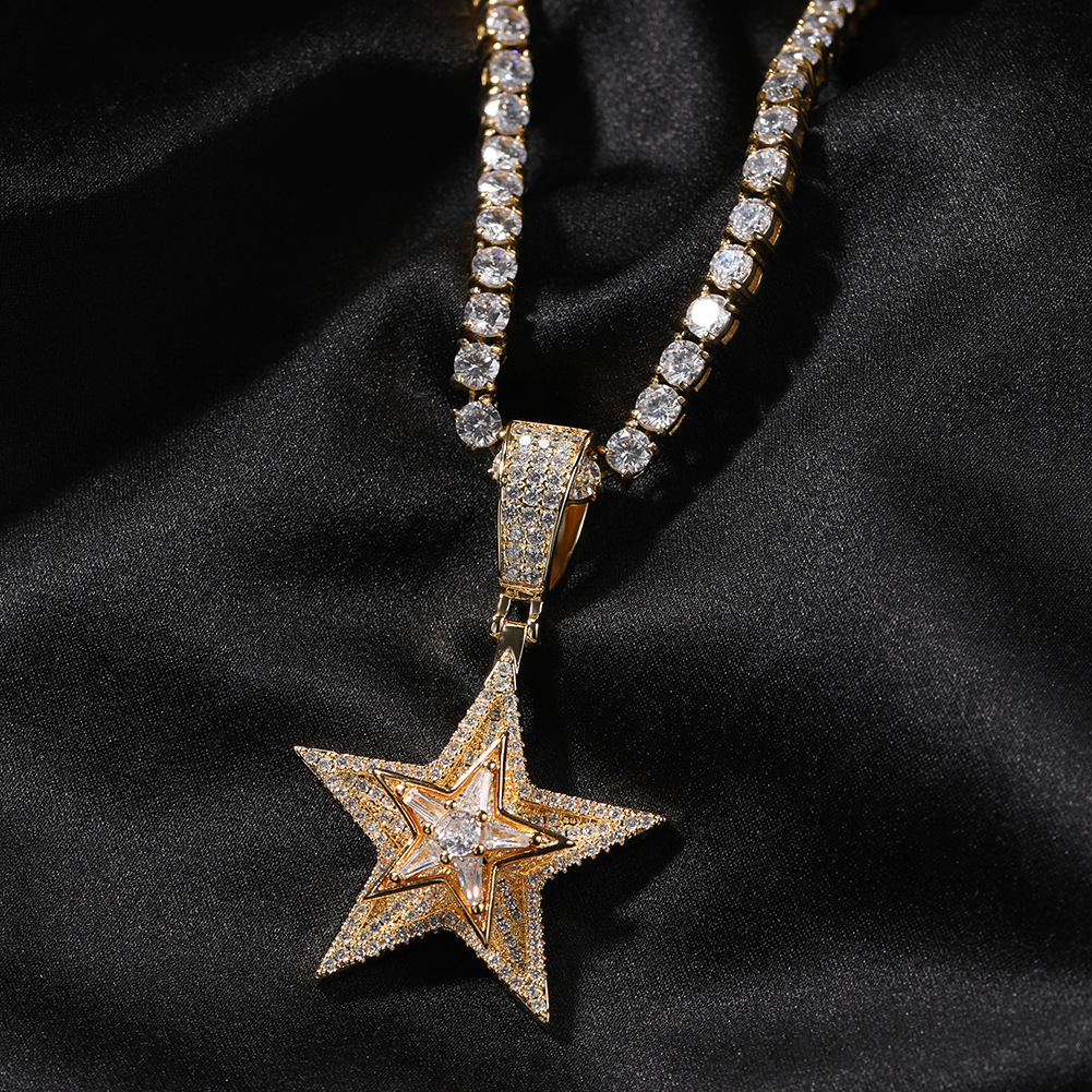 Rotatable Full Zircon Five Pointed Star Pendant Necklace Gold Plated Hip Hop Rap Jewelry