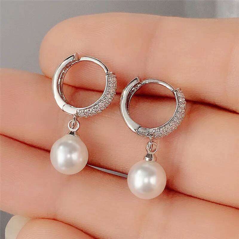 Huitan Fashion Hoop Earrings with Simulated Pearl Pendant for Women Inlay Shiny CZ Stone Luxury Engagement Wedding Trend Jewelry
