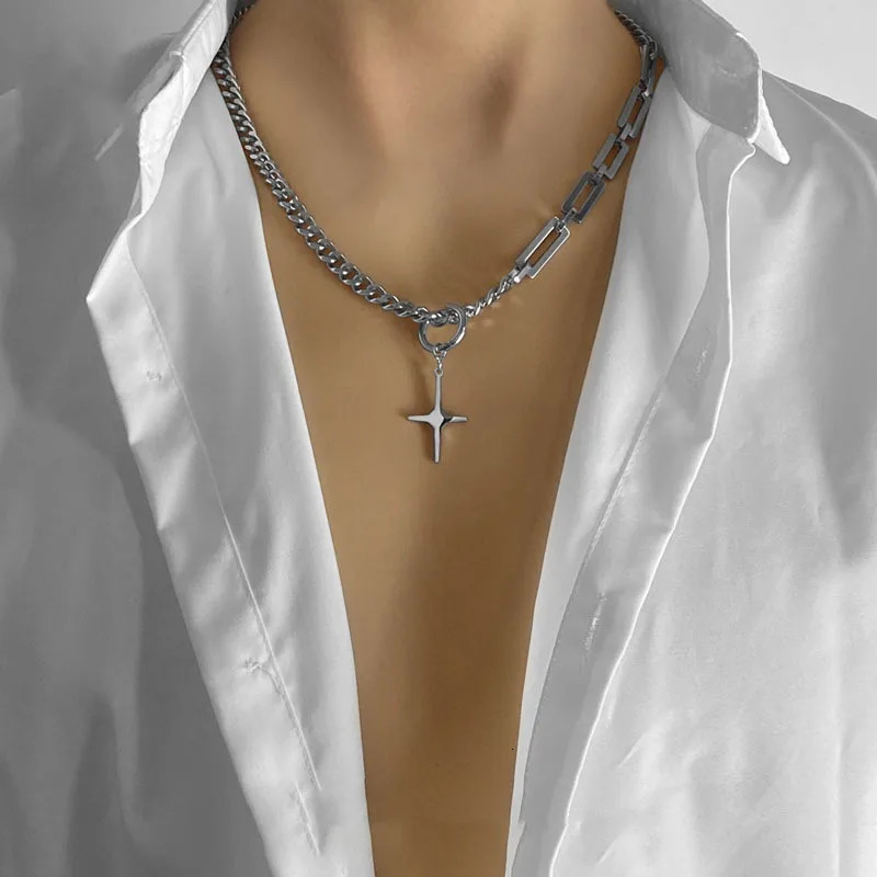 YQ 316L Stainless Steel Star Cross Pendant Chain Necklace For Men Goth Punk Style Jewelry Accessories 251230