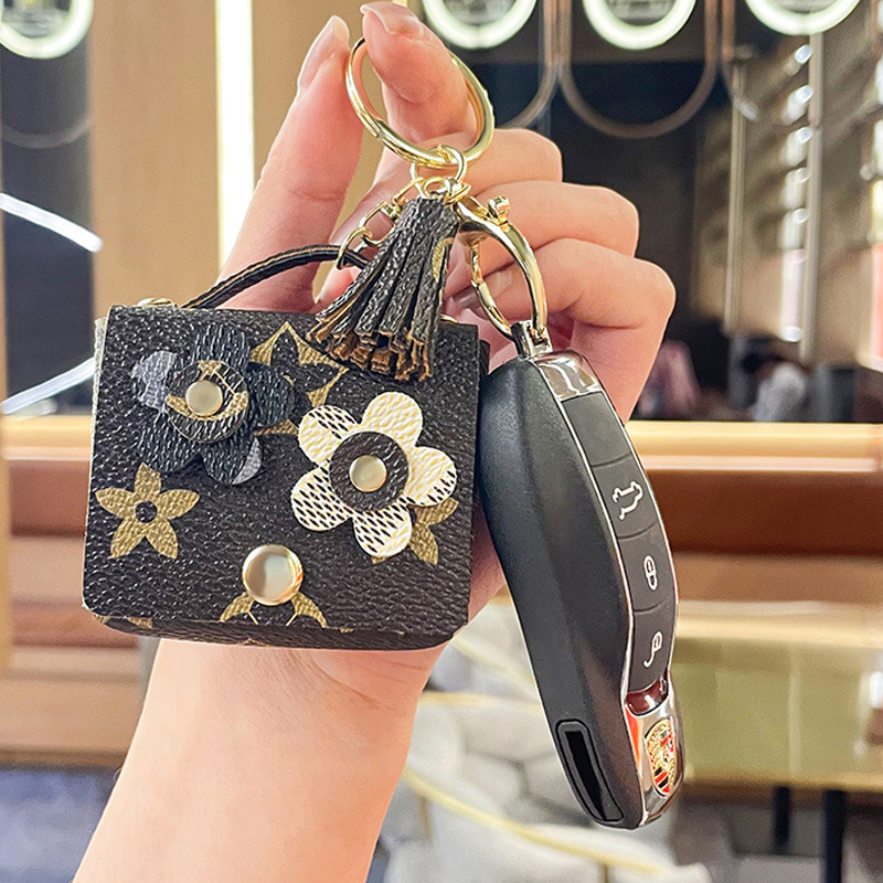 Mini Purse-Shaped Checkerboard Pattern Keychain with Flower Decoration & Tassel Accessory wholesale
