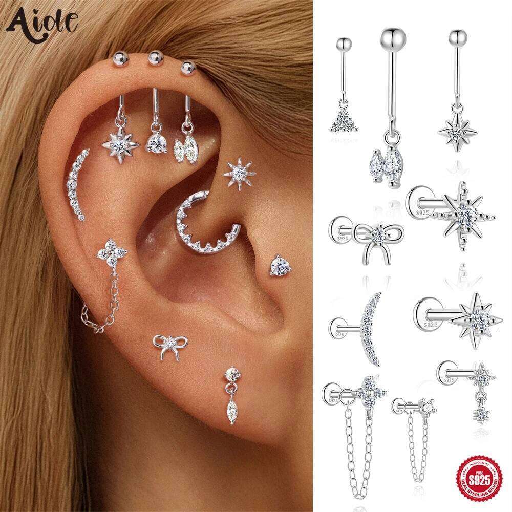 Aide S925 Sterling Silver Bow Multi-Style Stud Earring Moissanite Piercing Bone Studs Chain Dangles Layered Ear Jewelry