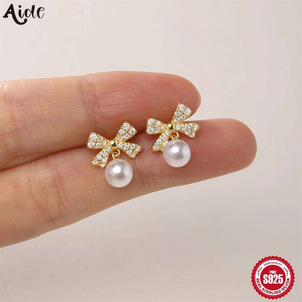 Aide Luxury 925 Sterling Silver Bow With Stud For Women Shiny Pearl Pendant Earrings Handmake Rhombic Studs