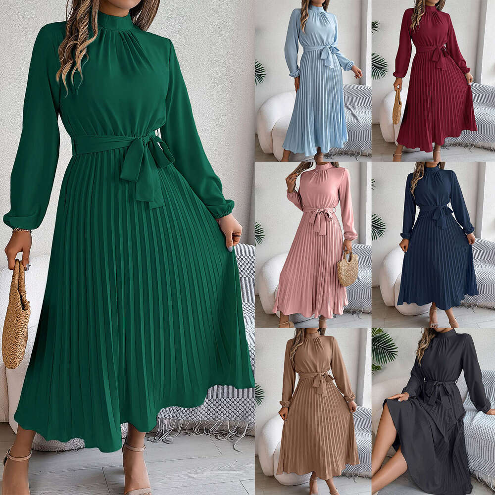 2026 European and American Autumn Winter Elegant Stand Collar Sleeve Waist Pleated Long Dress Small Gown Cross-Border Women's Fashion