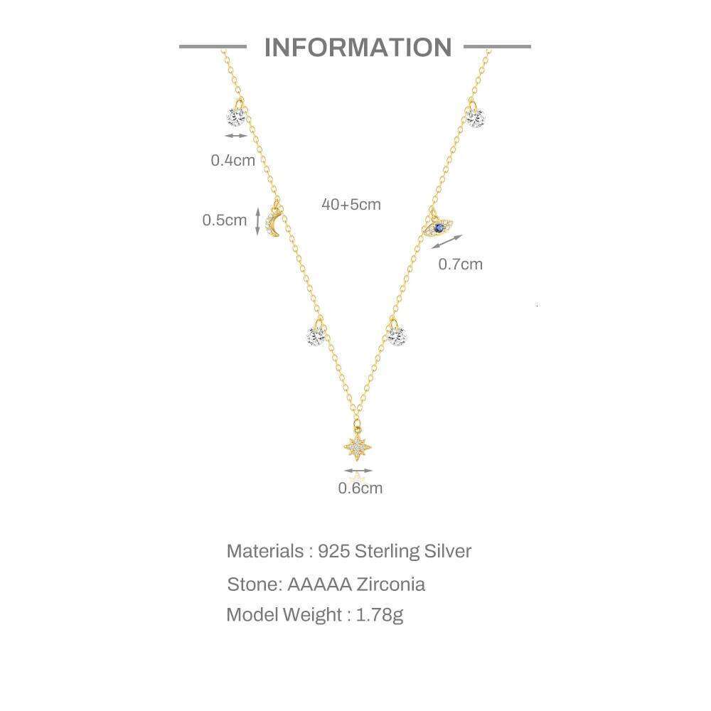 Aide S925 Sterling Silver Classic Star & Moon Women's Clavicle Necklaces Blue Eye Zircon Dangle Dainty Chokers Chain Jewelry