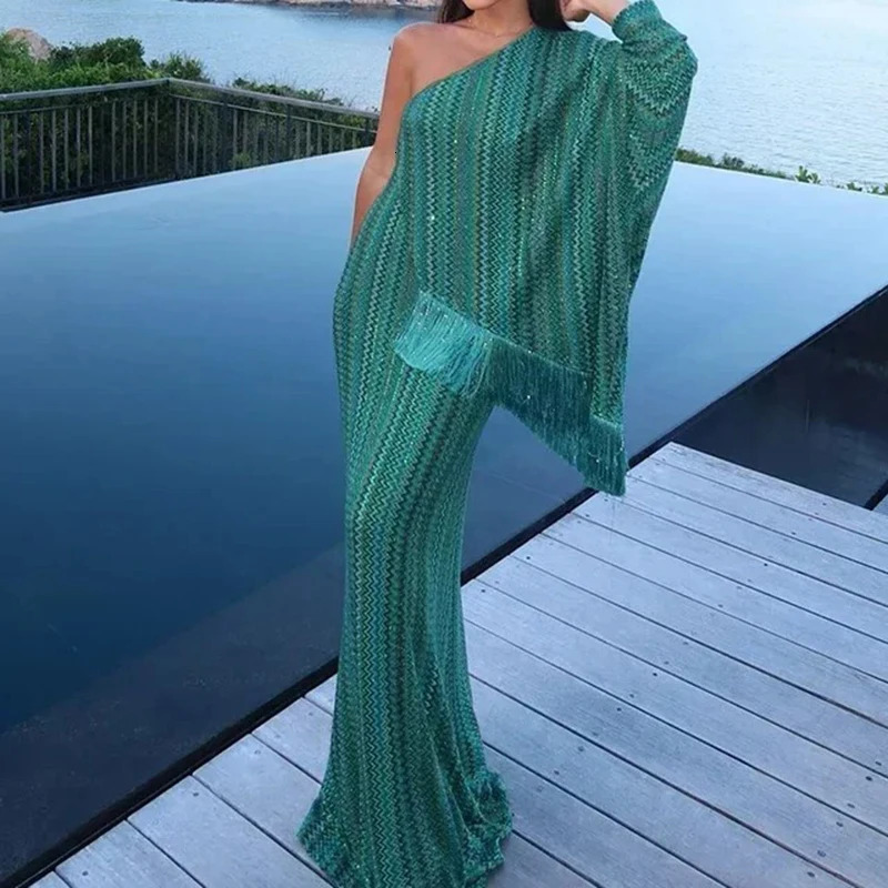 Elegant Tassel Stripe Long Dresses for Women Sexy Off Shoulder with Scarf Sleeve Vintage Dress Fashion Party Vestidos 251231
