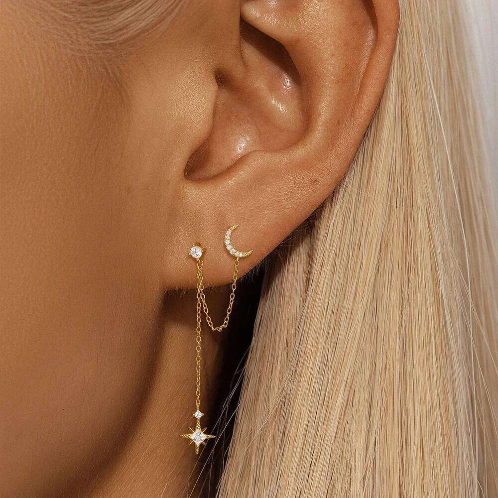 Aide 925 Sterling Silver Flower Heart Star Cubic Zircon Link Chain Double Stud Earring For Women Pendant Earrings Piercing Jewel