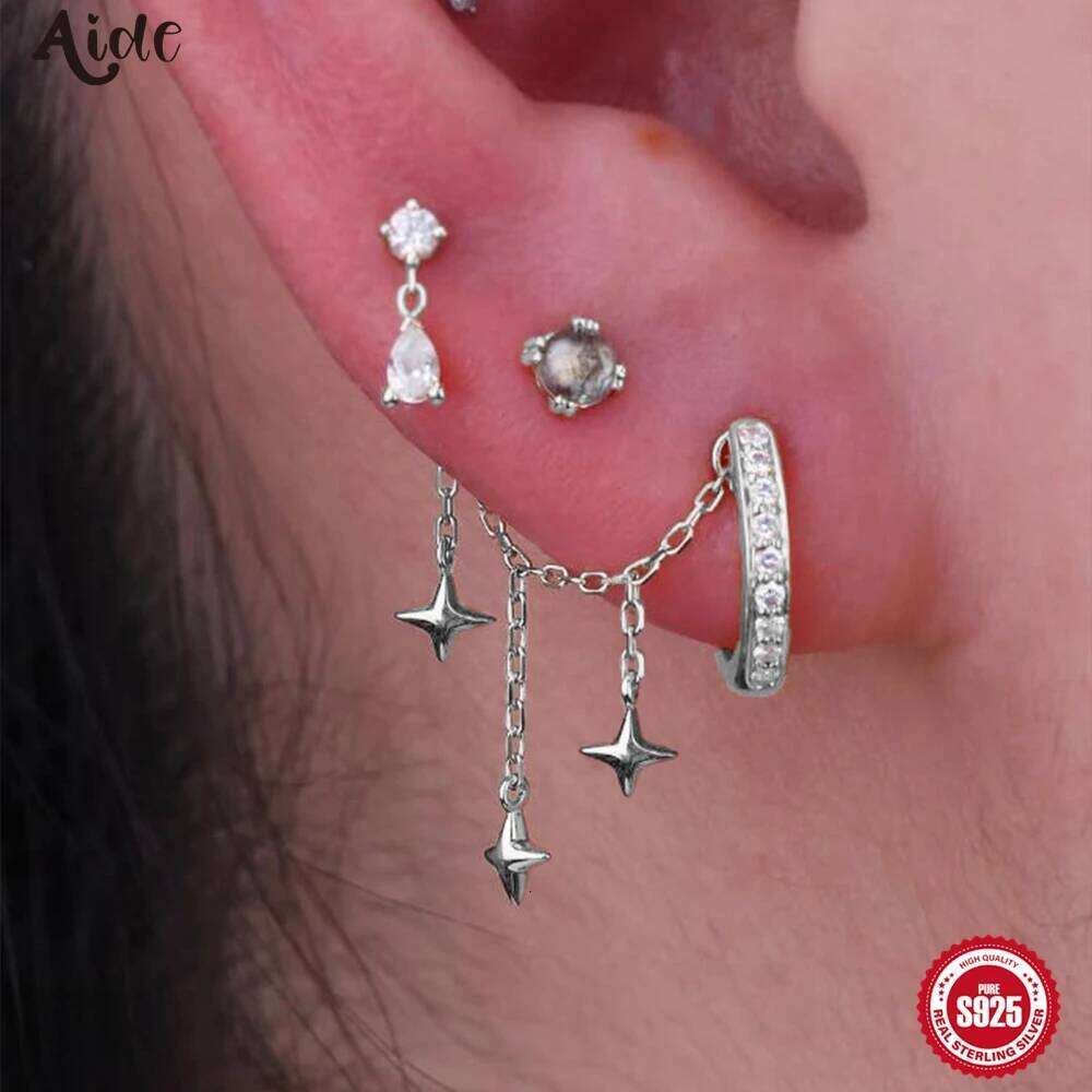 Aide S925 Sterling Silver Zircon Tassel Chain DIY Jewelry Star Teardrop Dangle Piercing Accessories for Layered Ear Looks