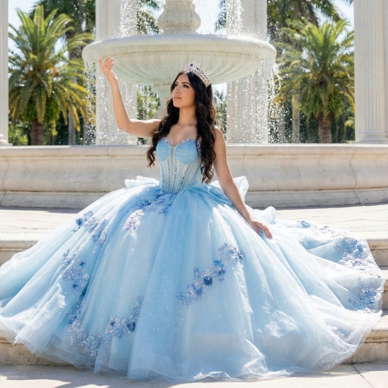 Sky Blue Shiny Quinceanera Dresses Off Shoulder Ball Gown Sweet 16 Dress Applique Flower Beading Crystal Bow Tull Birthday Party Vestidos 15 De Anos