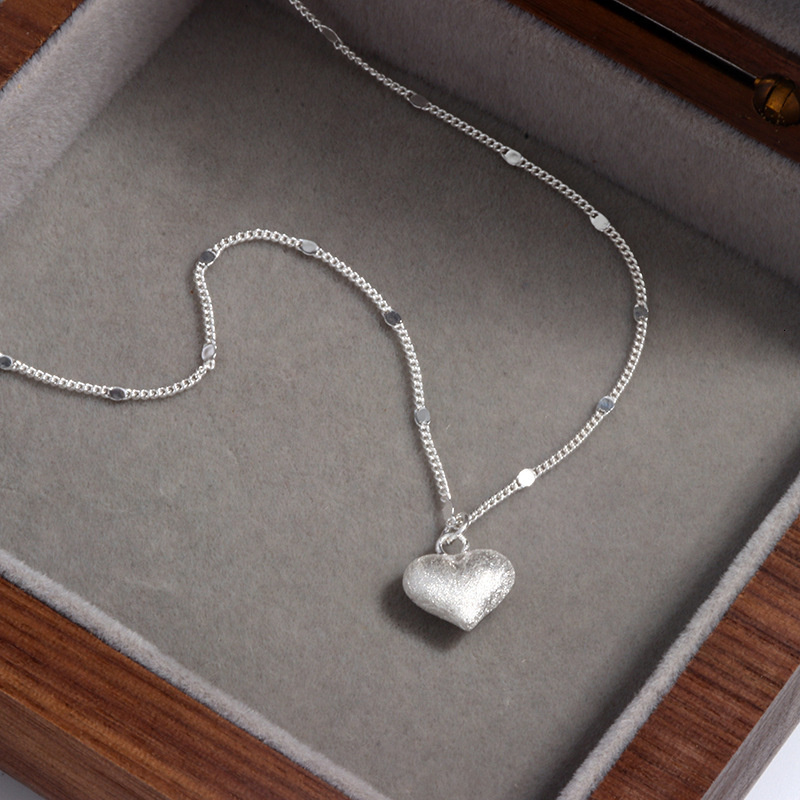S925 Sterling Silver Brushed Heart Necklace for Women Versatile Personality Niche Light Luxury High-end Heart-shaped Pendant Collarbone Chain