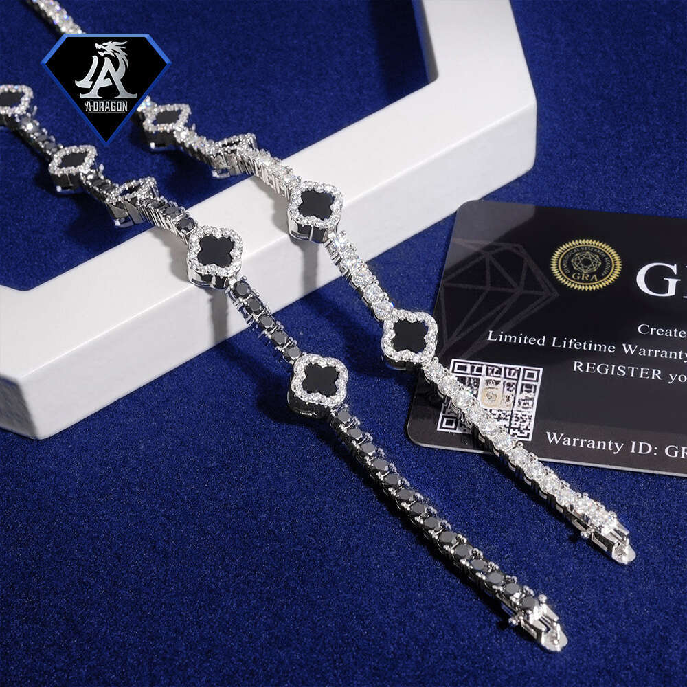 Unique 3mm Two-tone VVS Moissanite Clover Tennis Bracelet with Sparkling Diamond Cut 925 Silver Chain, Perfect for Daily Wear