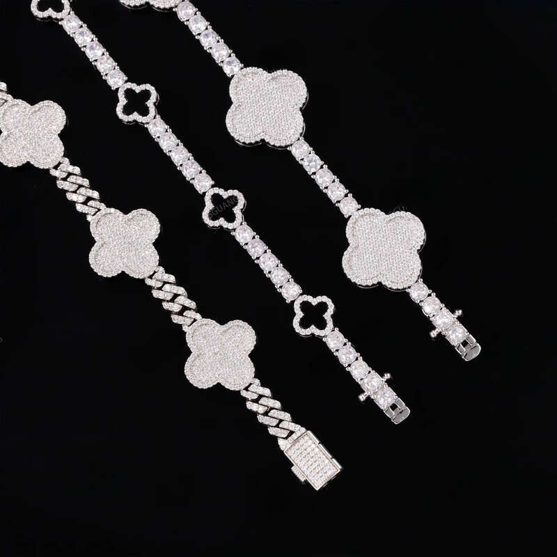 Iced Out Cuban 925 Sterling Silver VVS Moissanite Diamond Four Leaf Clover Bracelet 3mm 4mm Tennis Chain
