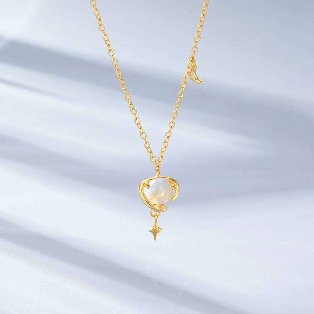 Aide 925 Sterling Silver Blue Opal Star Moon Elements Pendant Necklace Adjust Chain Necklaces for Women Birthday Gift Jewelry