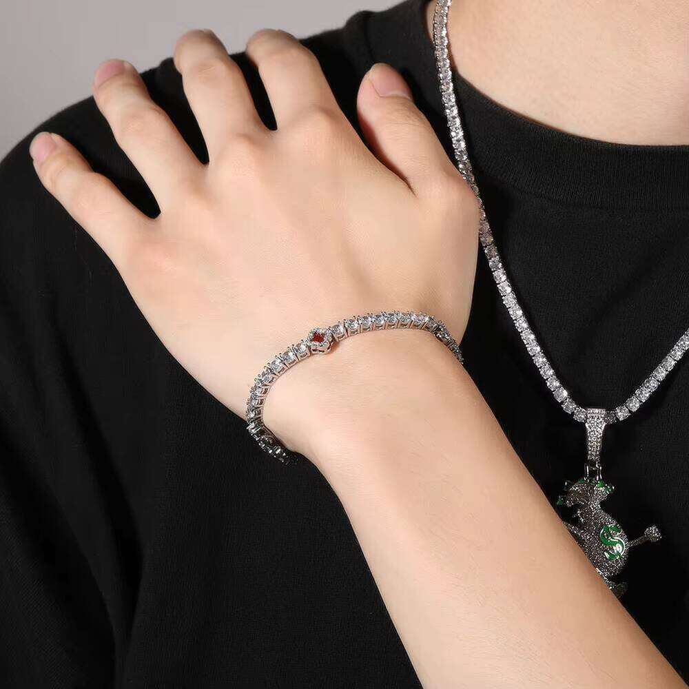 VVS Moissanite New Arrival Party Accessories Full Iced Out Pearlescent 4mm Straight Pull Red Clover Necklace Agate Rhodium Plated Fashion Tennis Chain