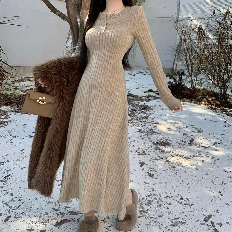 Smvp Elegant Slim High Waist Knit Dresses Women Autumn Winter Long Sleeve Thick Warm Dress Vintage Streetwear Vestidos 251231