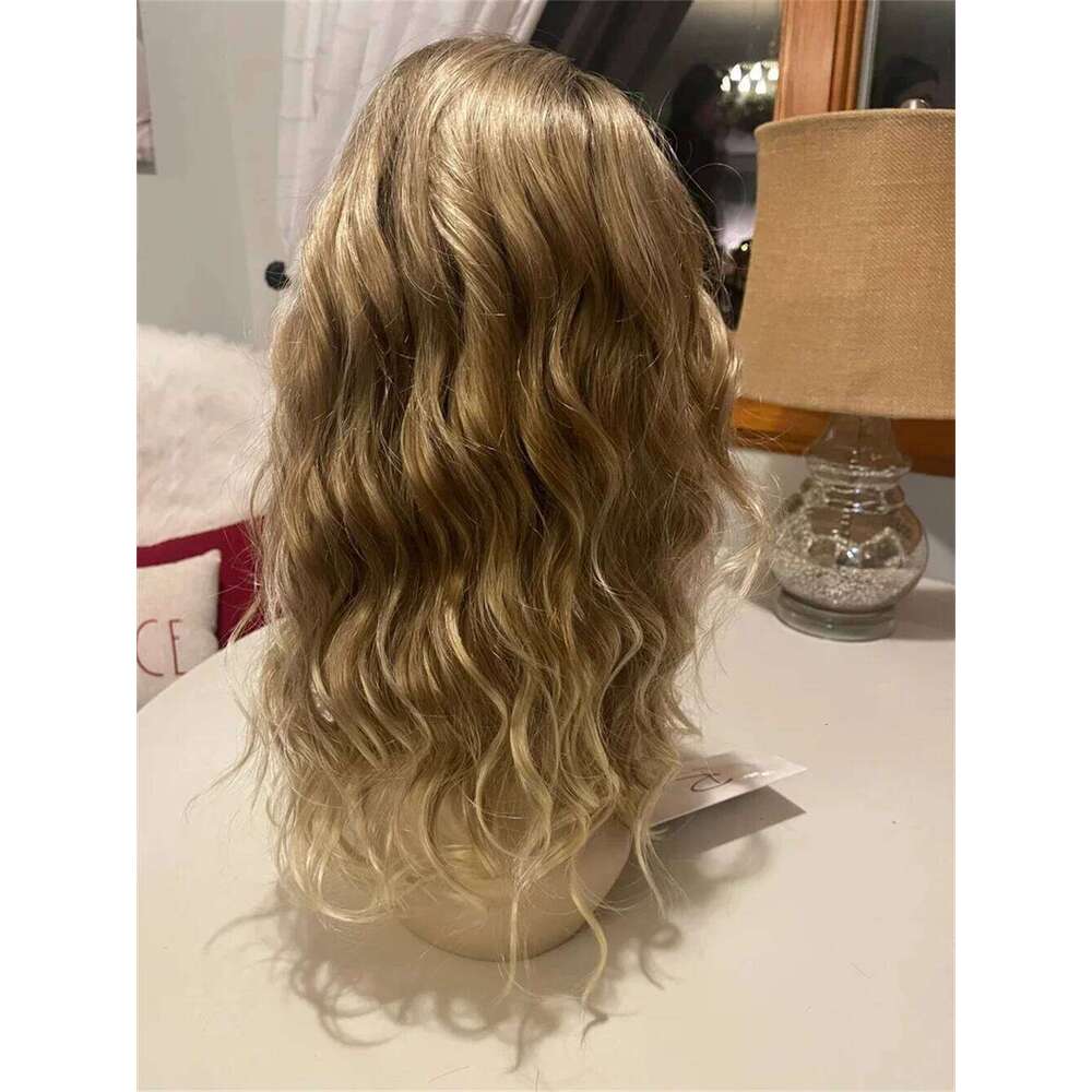 Rooted Futura Fibre Premium Medium Light Blonde Highlighted Heat Friendly Curly Wave Shoulder Length Glueless Wig
