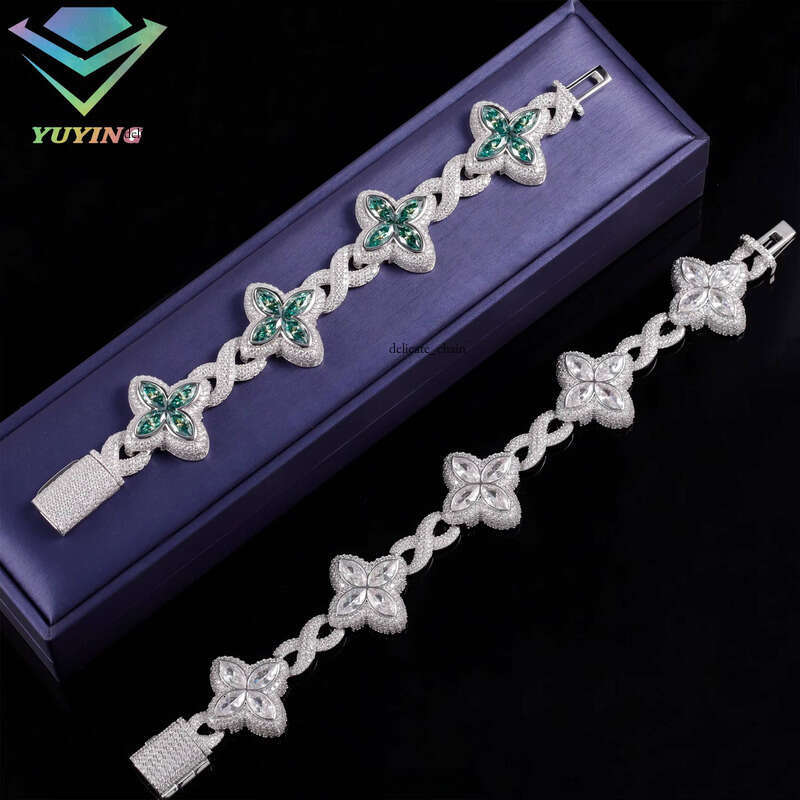 Jewelry Clover Green Diamond 925 Sterling Silver Gold Plated Cuban VVS Moissanite Bracelet with GRA Certificate