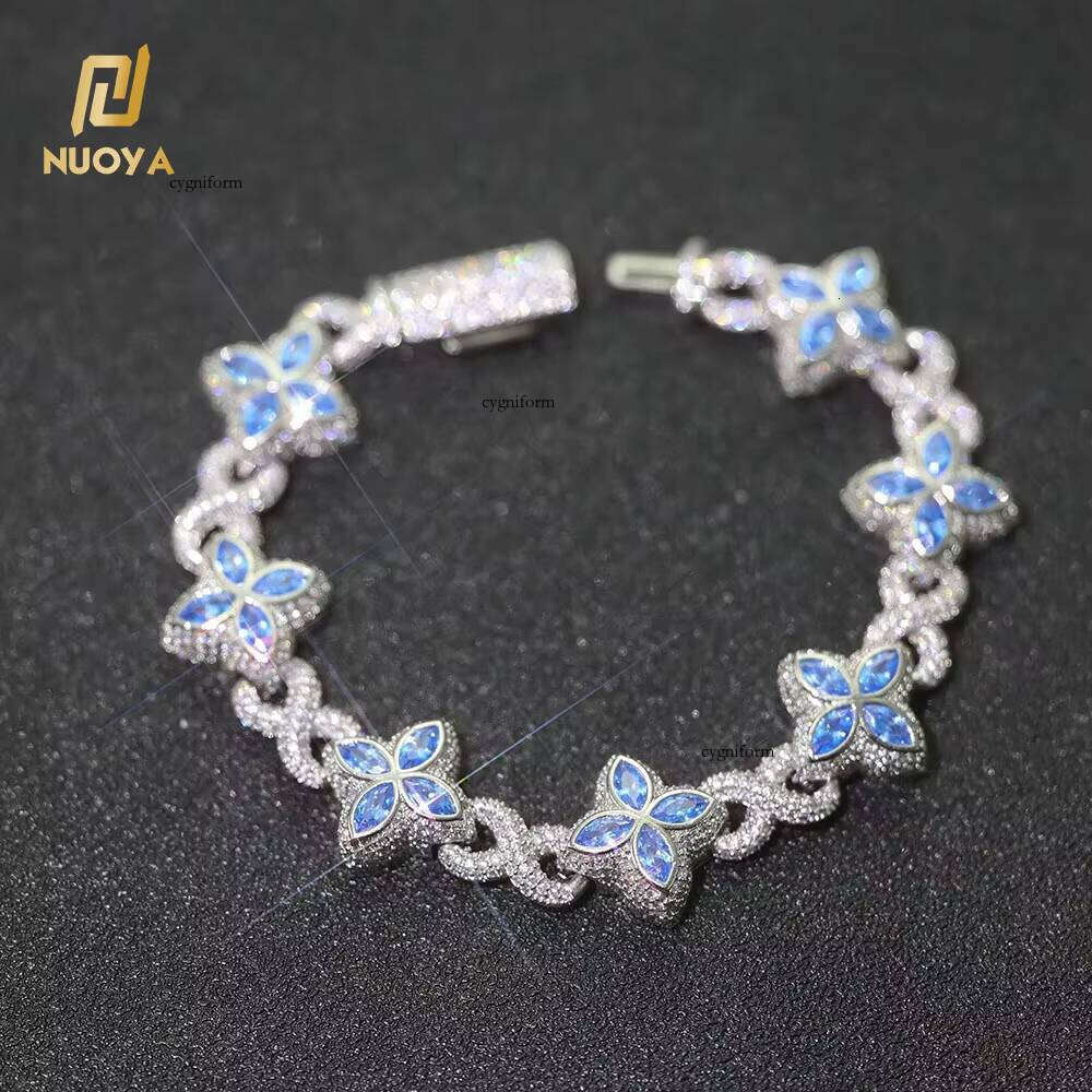 NUOYA New Style 8mm Hip-Hop Jewelry Colorful Four Leaf Clover Silver Plated Brass 5A Zircon Cuban Chain Bracelet for Women
