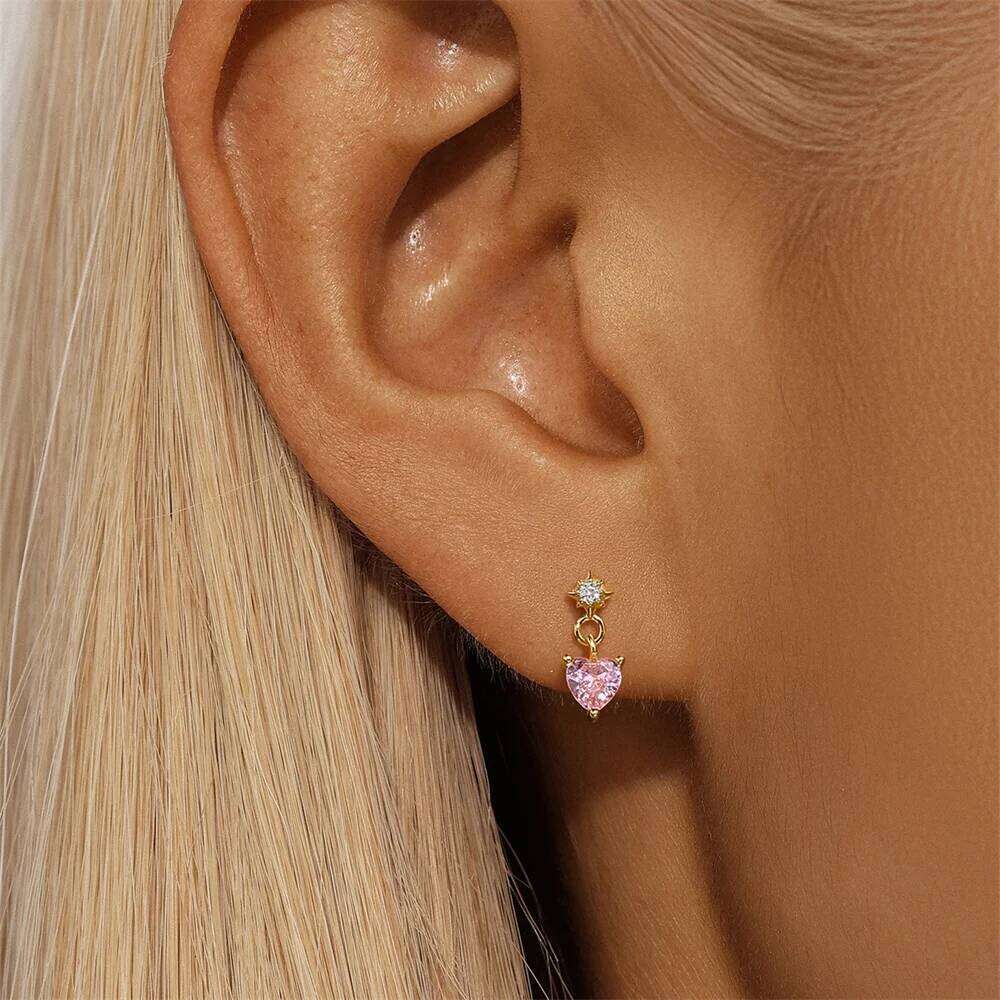 Aide 925 Sterling Silver Six-Pointed Star Zircon Pink Heart Pendant Earrings for Women Dangle Stud Valentine's Day Jewelry