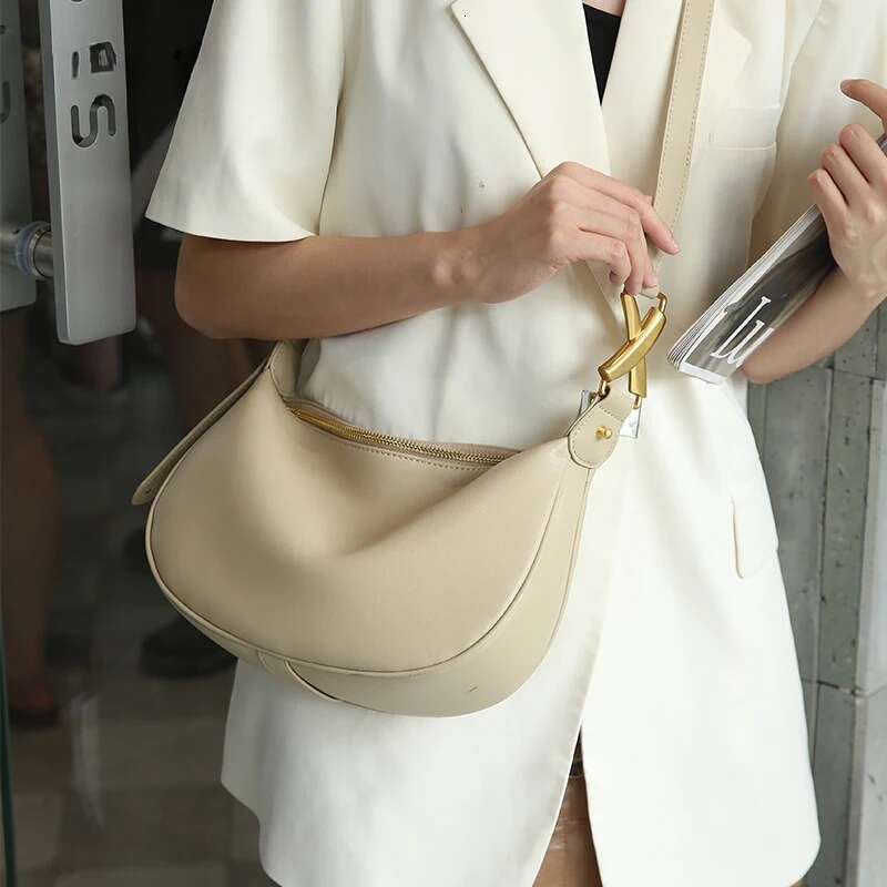 Cowhide Genuine Leather Bag Women S Hobos Sac Soft Shoulder Messenger Bags For Women Wide Female Half Moon Purse And Handbags JINXIANGGUO TOTE