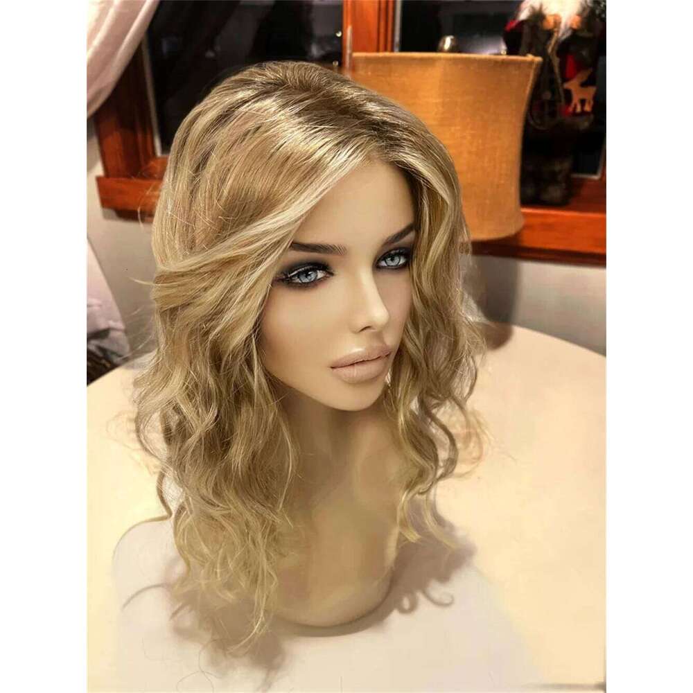 Rooted Futura Fibre Premium Medium Light Blonde Highlighted Heat Friendly Curly Wave Shoulder Length Glueless Wig