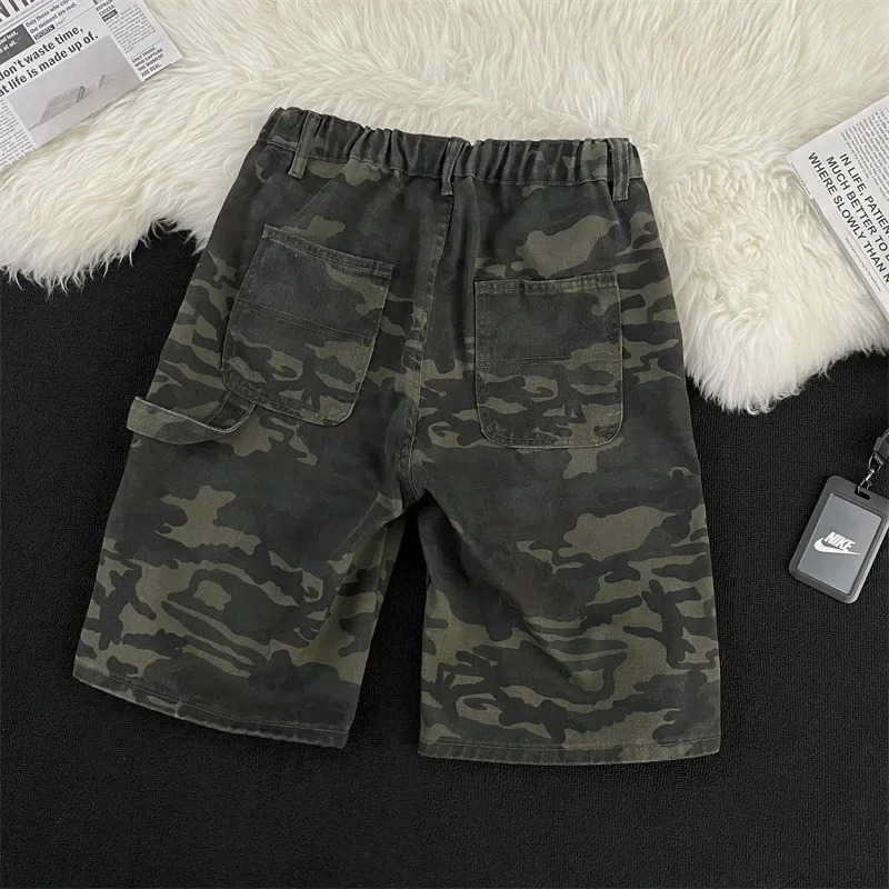 Washed Camouflage Deconstructed Workwear Denim Shorts Loose Straight Cut Vintage Summer Mens Casual Shorts 251230