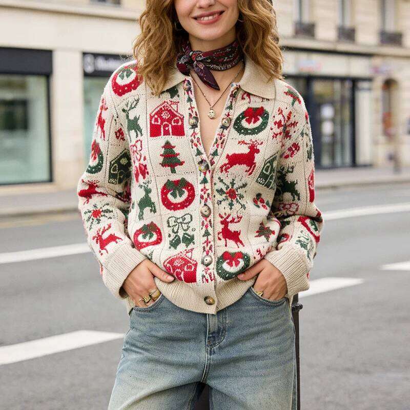 Vintage Christmas Pattern Cardigan For Women, Cute Reindeer Tree Knitted Jacket, Casual Button-Down Collared Sweater Coat