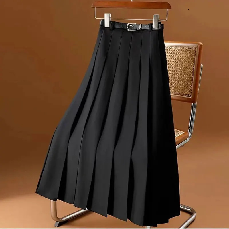 Gray Solid Folds Office Lady Casual High Waist Aline Loose Womens Skirt MidCalf Long Skirts For Women Clothing Fashion 251231