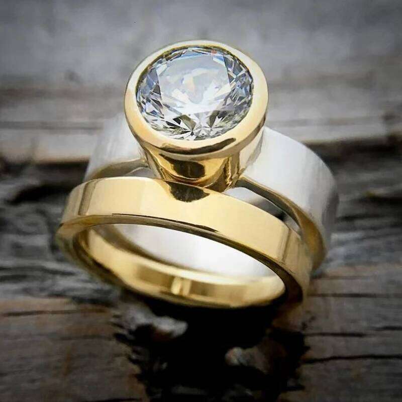 Huitan Two Tone 2Pcs Set for Women AA Cubic Zirconia Wedding Engagement Female Statement Rings Fashion Contracted Jewelry