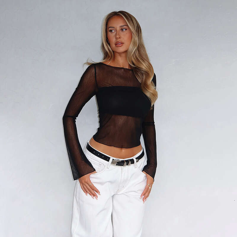 2026 Summer New Round Neck Long Sleeve Mesh See-through Waist-exposing Top Base Layer Hot Girl T-shirt