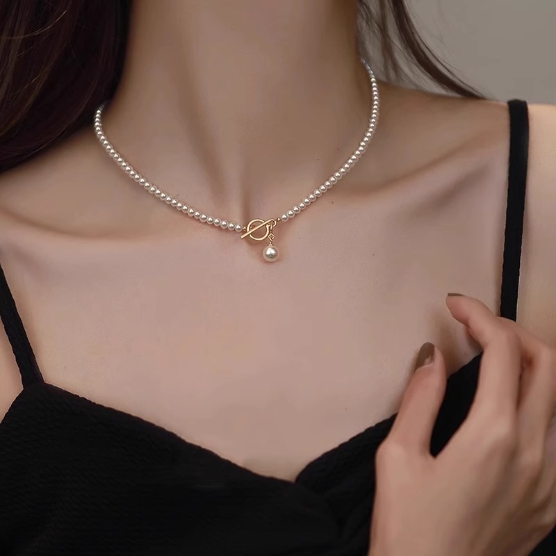 Luxury Brand Designer Jewelry Shijia Ultra-Fine Pearl OT Buckle Necklace For Women, Light Luxury Niche High-Gloss Glass Imitation Pearl Clavicle Chain