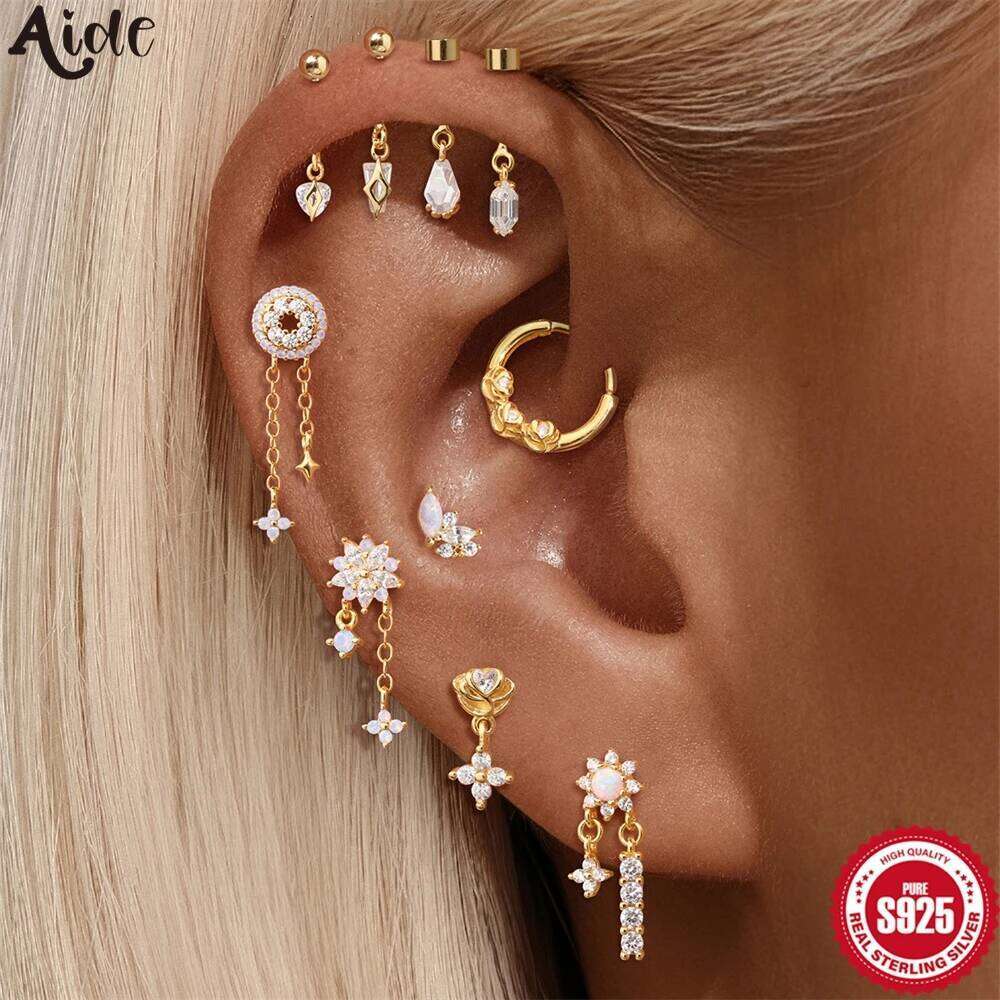 Aide 1Pc 925 Silver Stars Moon Stud Earrings For Women 18K Gold Chain Flat Head Threaded Puncture Ear Bone Ins Fine Jewelry