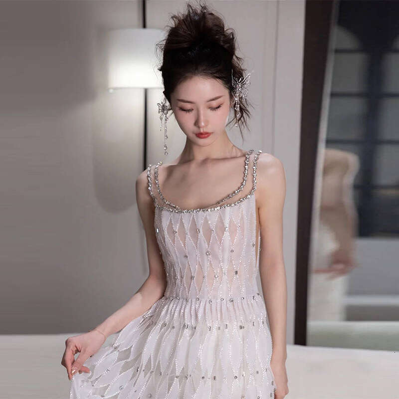 Light Wedding Heavy Craft Spaghetti Strap High End French Super Fairy Morning Gown Going Out Gauze Sequin Celebrity Same Style Banquet Dress Women S L