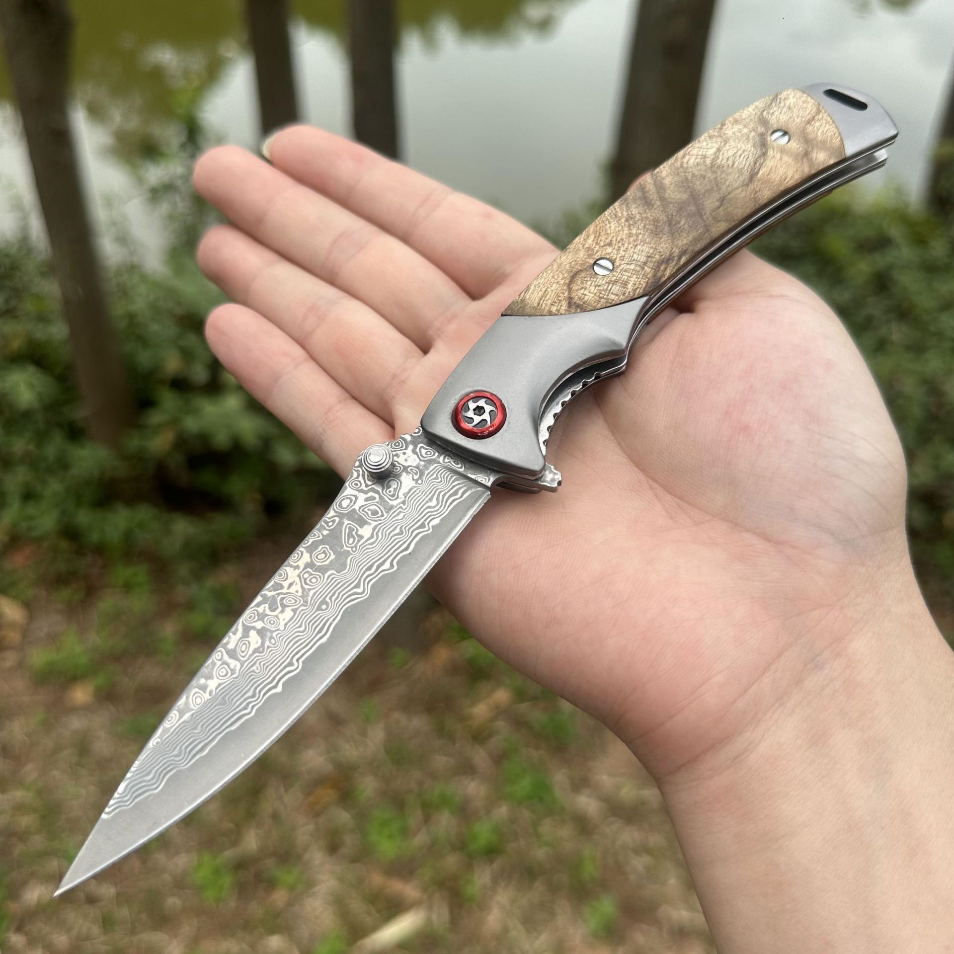 Topwell Handmade YH003 EDC Folding Knife Perfect Quality Damascus Steel Blade Rosewood Handle Kraft First layer Leather Sheath