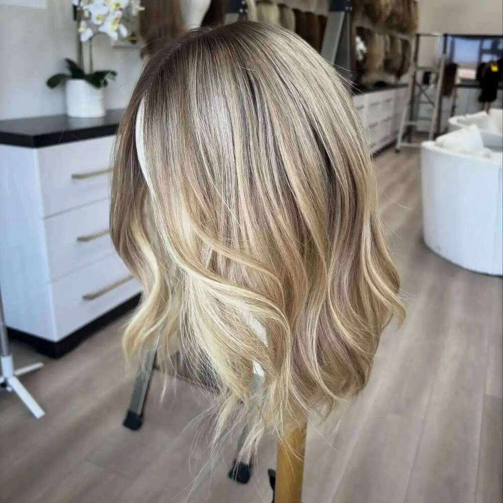 Ash Blonde Balayage Human Hair Blend Lace Front 14 Inch Short Wavy Heat Friendly Synthetic Wig Melt Roots Gift for Girls