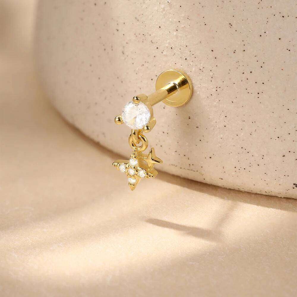 Aide Single 1pc 925 Sterling Silver Piercing Earrings Star Cubic Zirconia Pendant Stud Jewel for Women Wedding Party Bride Gifts