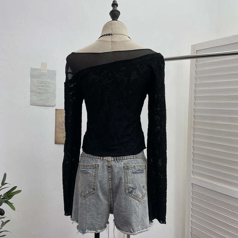 Real Shot Wasteland Style Butterfly Graffiti Mesh Patchwork Textured Long Sleeve T-Shirt Hot Girl Short Slim Top 2753