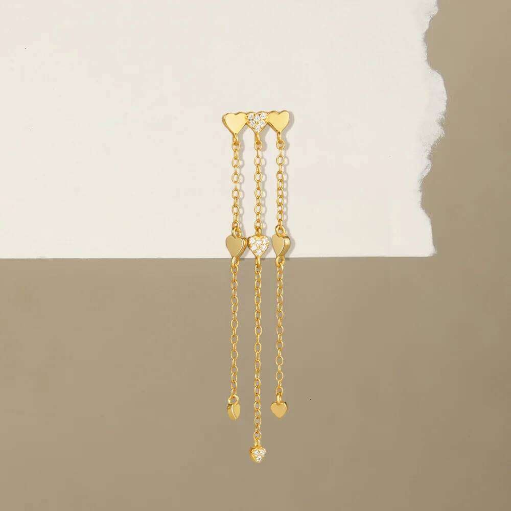 Aide 1pc 925 Sterling Silver Genuine Three Golden Love Heart Long Chain Drop Earring for Women Korean Ear Line Jewel